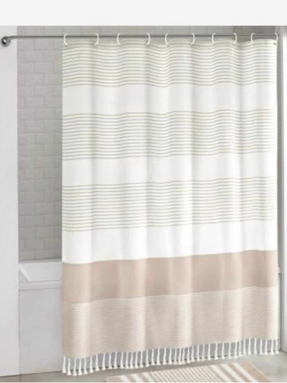 Awellife Beige Bathroom Shower Curtain 72" boho Stripe Tassel, NWOT